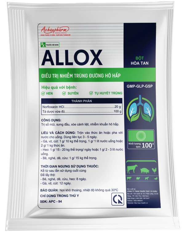 ALLOX 100G - Điều trị hen – Suyễn – Tụ huyết trùng điều trị: viêm ruột-tiêu chảy, hen khẹc, tụ huyết trùng