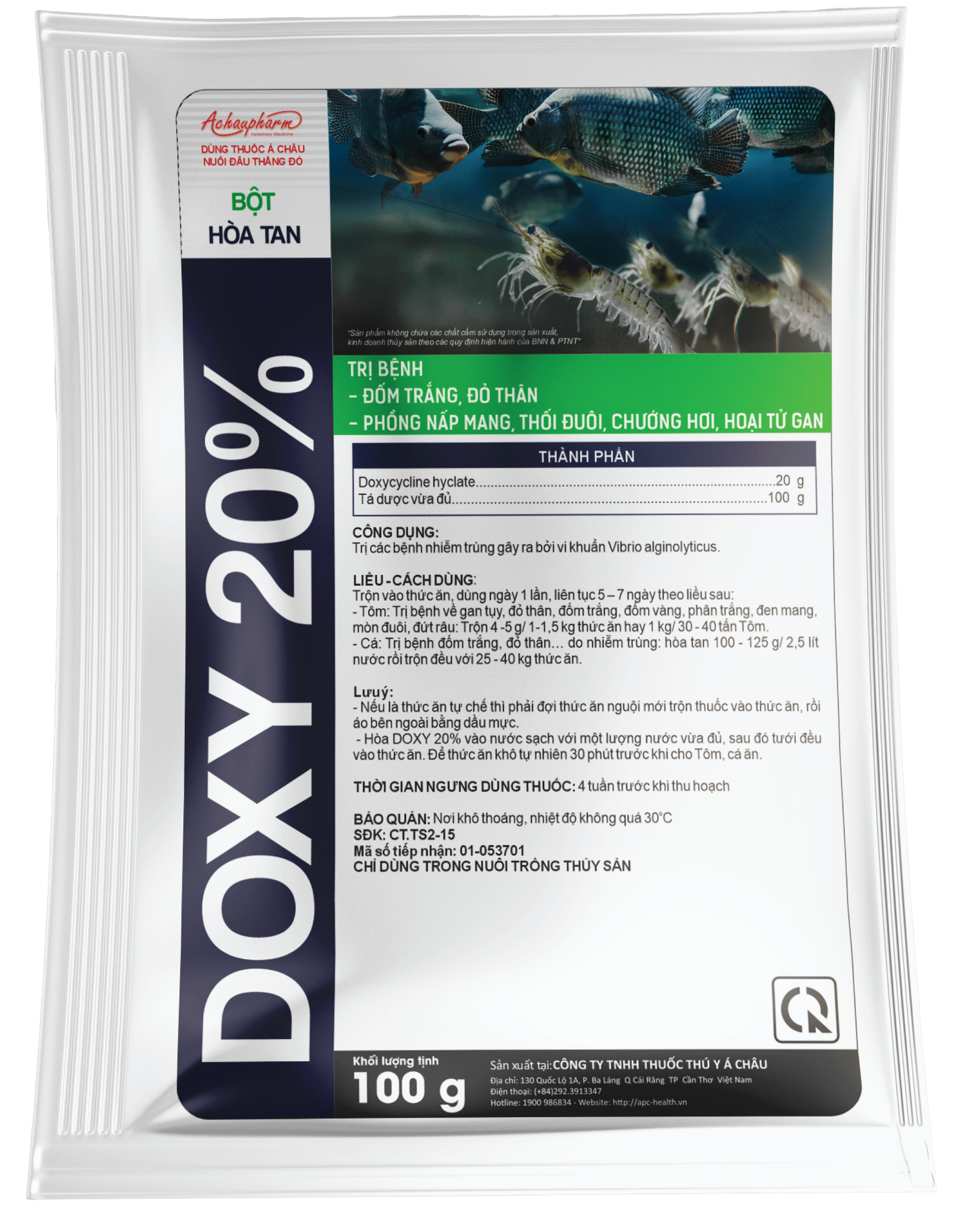 DOXY 20% - Điều trị các bệnh nhiễm khuẩn do vi khuẩn Vibrio, Aeromonas, Pseudomonas trên tôm và cá;