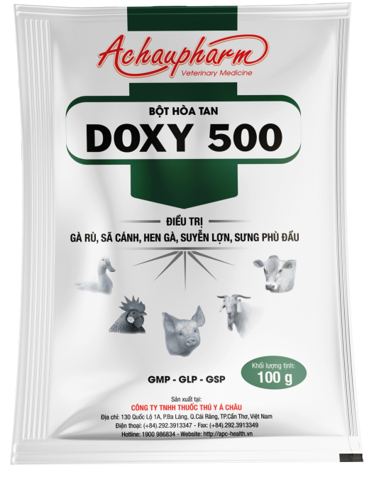 DOXY 500 - ĐIỀU TRỊ CRD, THƯƠNG HÀN, VIÊM PHỔI ĐỊA PHƯƠNG, TIÊU CHẢY ĐIỀU TRỊ VIÊM TEO MŨI, HEN GÀ, SUYỄN LỢN SƯNG