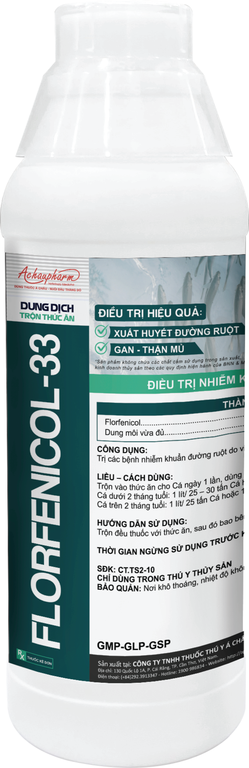 FLORFENICOL-33 - Điều trị các bệnh nhiễm khuẩn Vibrio, Aeromonas, Pseudomonas trên tôm cá; đặc biệt hiệu quả với