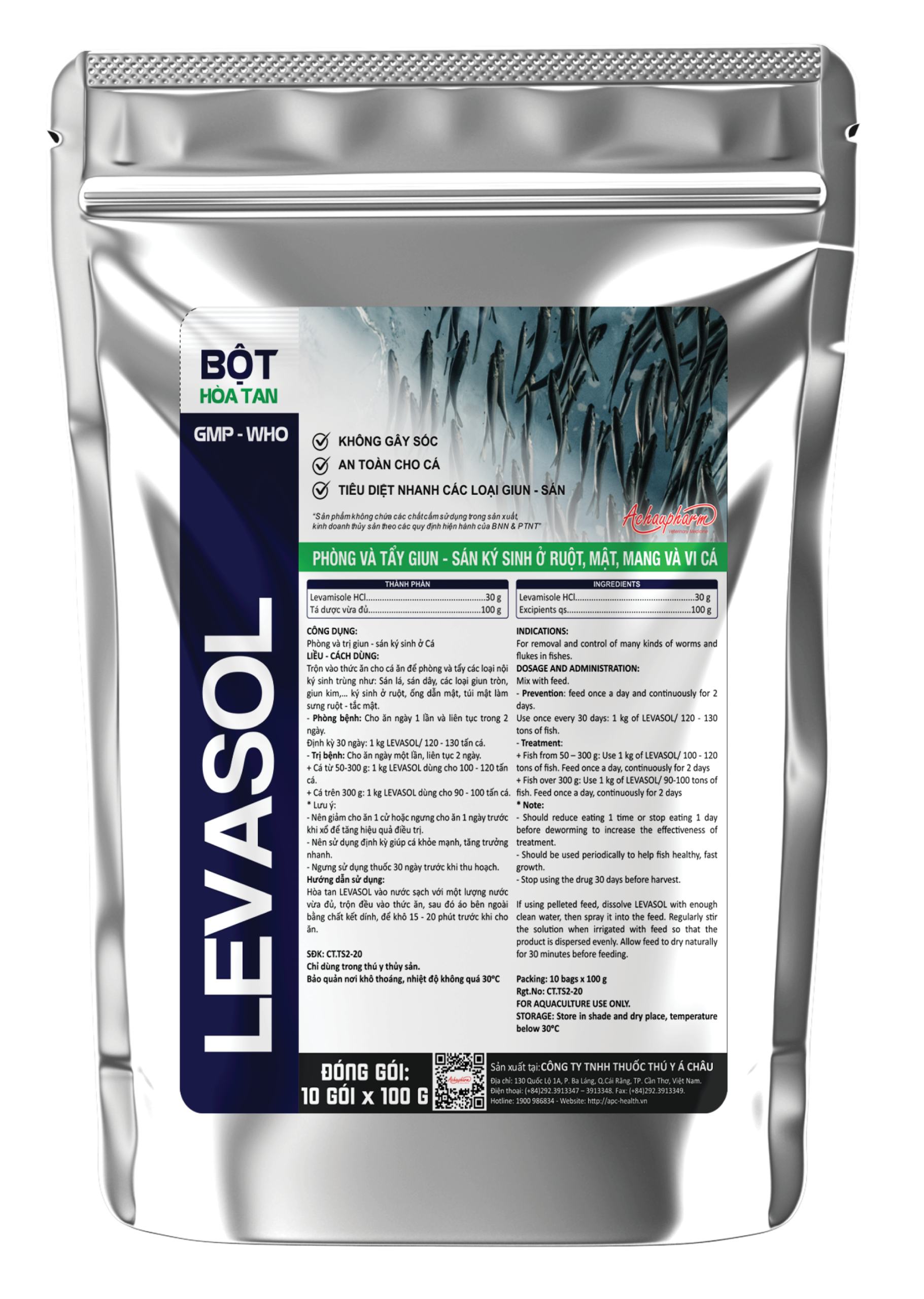 LEVASOL - Tẩy giun sán cho cá, đặc trị các loại nội ký sinh trùng đường ruột trên cá nuôi thâm canh