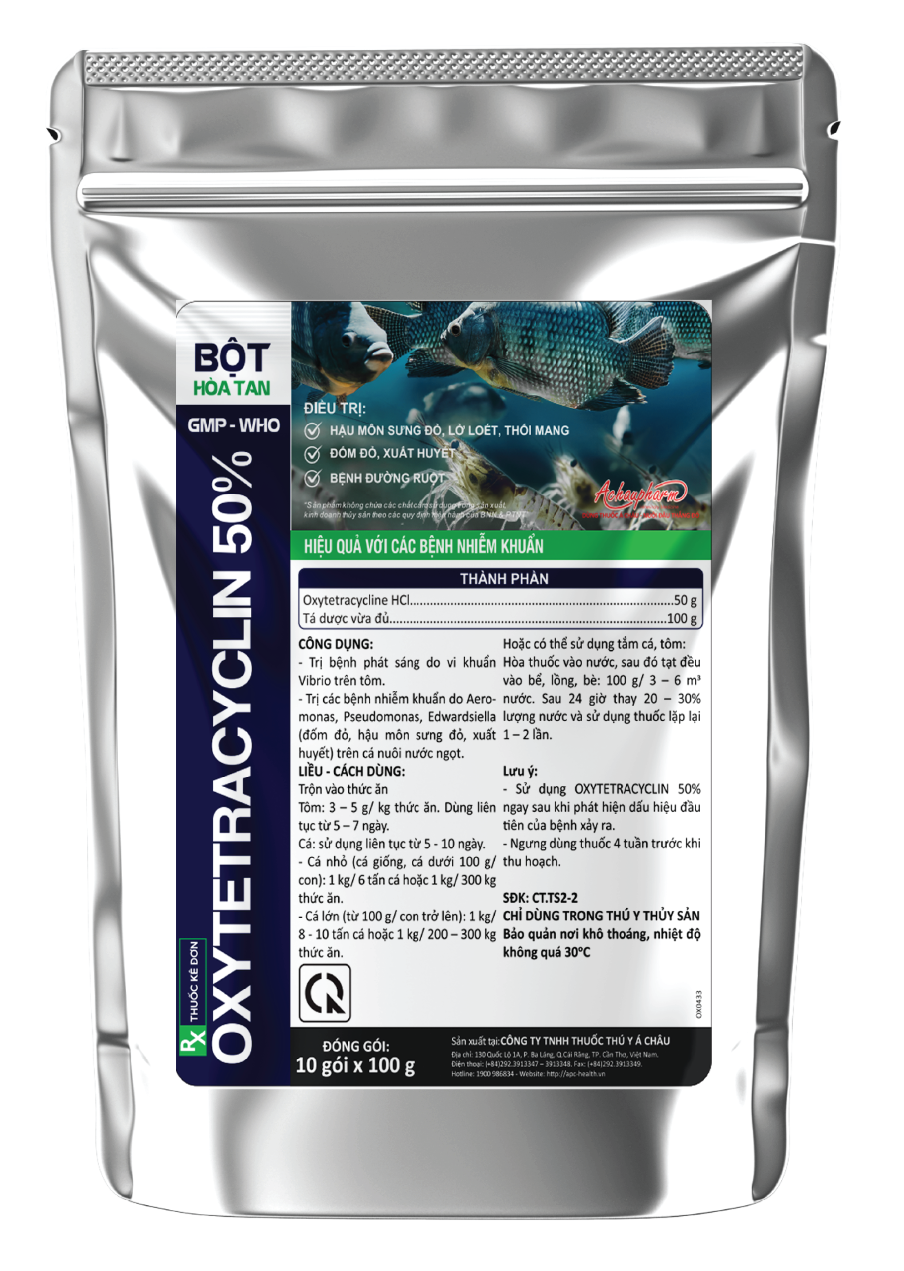 OXYTETRACYCLIN 50% - Kháng sinh phổ rộng, điều trị các bệnh nhiễm khuẩn Vibrio, Aeromonas, Pseudomonas trên tôm cá
