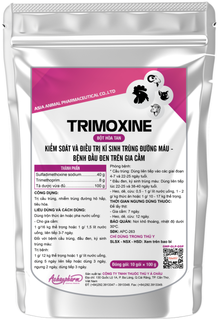 TRIMOXINE - Điều trị hen gà, khẹc vịt, suyễn lợn tiêu chảy phân xanh, phân trắng viêm ruột hoại tử phòng bệnh: sử