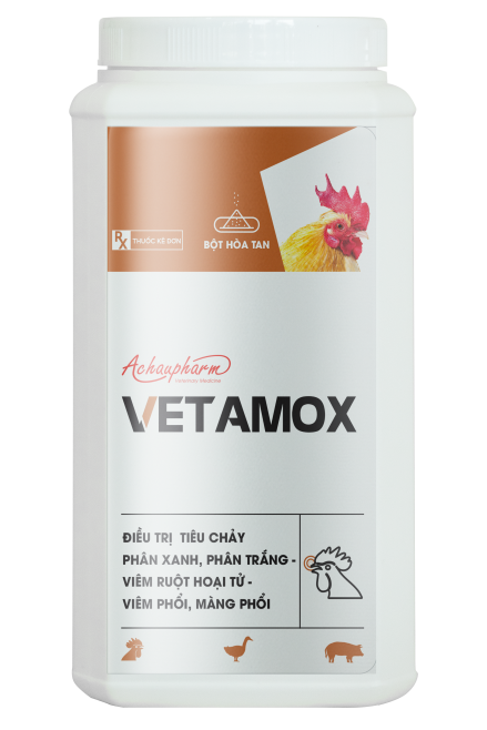 VETAMOX - Điều trị tiêu chảy phân xanh, phân trắng, viêm ruột hoại tử, viêm phổi, màng phổi trên gia súc, gia cầm
