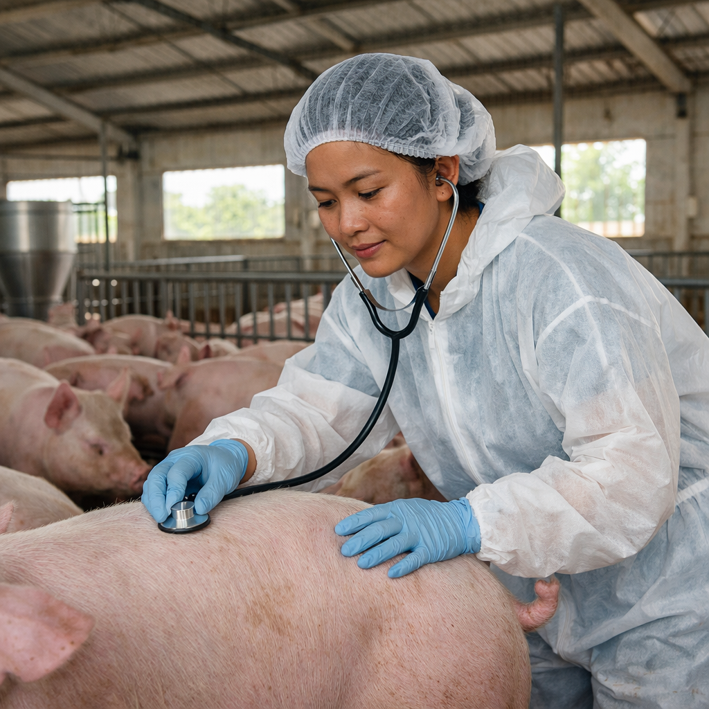 Bác sĩ thú y kiểm tra sức khỏe gia súc khi dùng oxytetracycline thuốc thú y