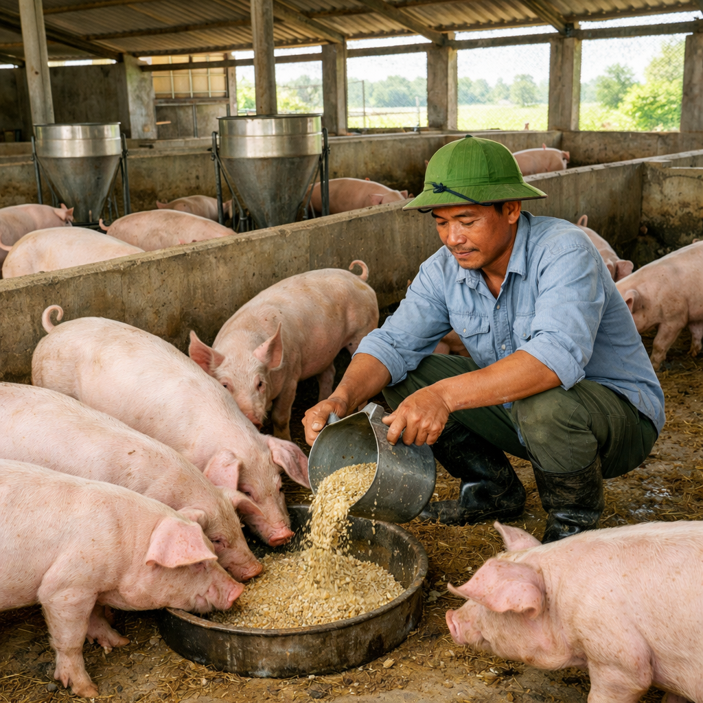 Nông dân chăm sóc đàn heo trong quá trình điều trị bằng enrofloxacin thuốc thú y