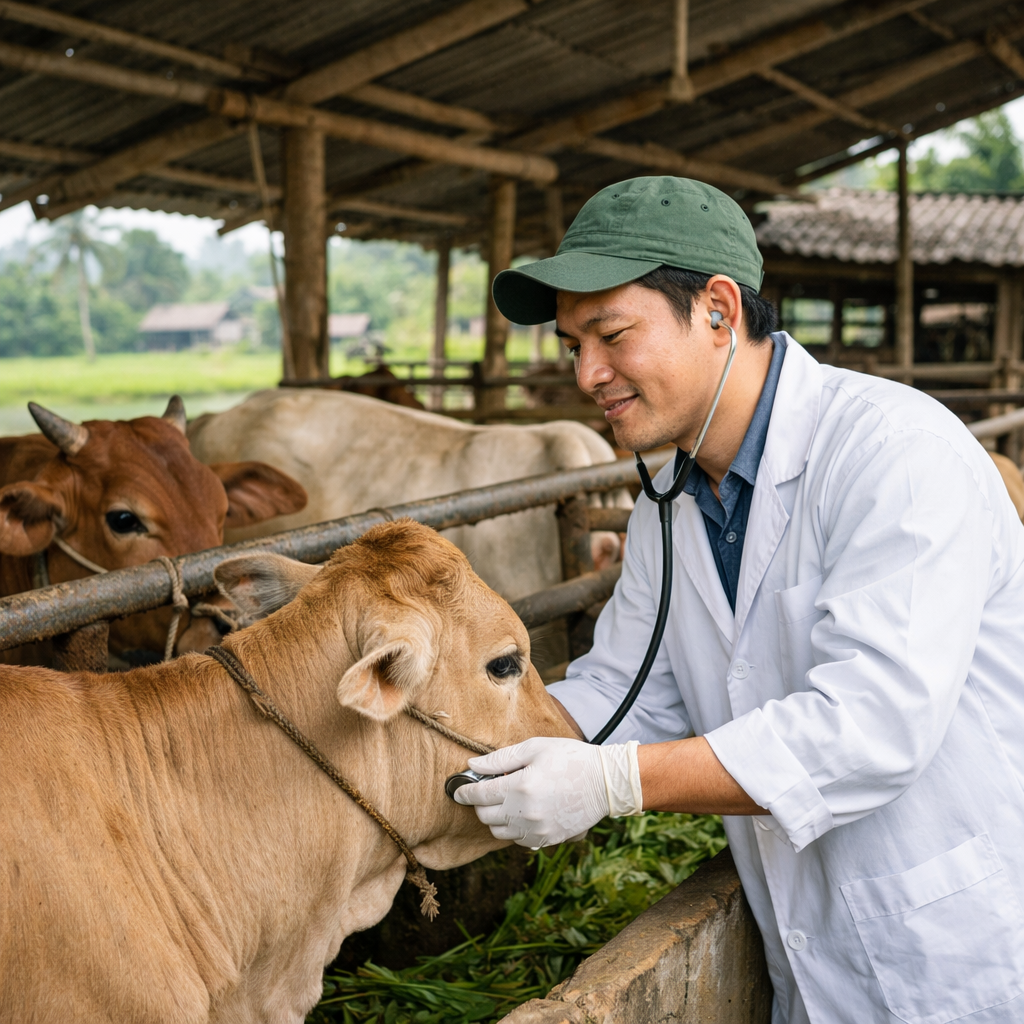 Bác sĩ thú y thăm khám vật nuôi được cung cấp từ công ty thuốc thú y