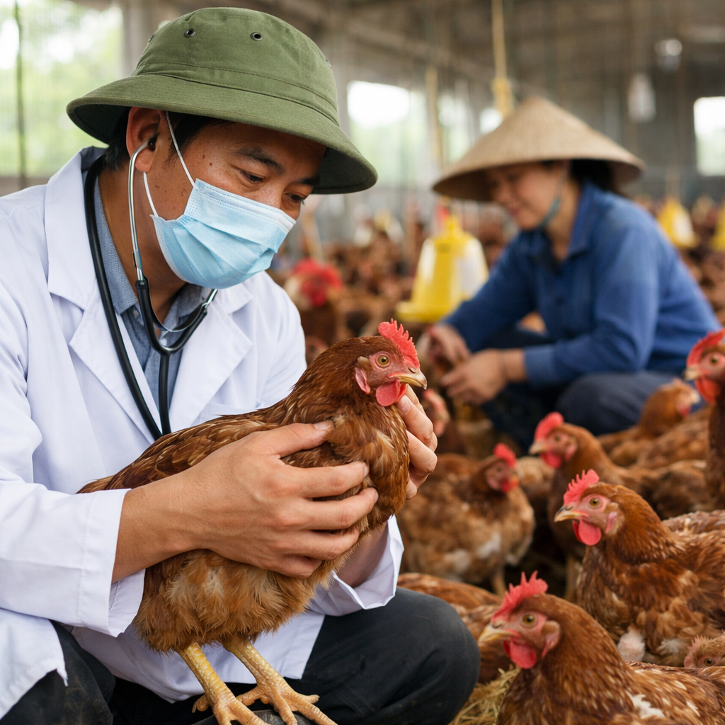 Kỹ thuật viên thú y kiểm tra sức khỏe đàn gà để chuẩn bị dùng thuốc cầu trùng cho gà